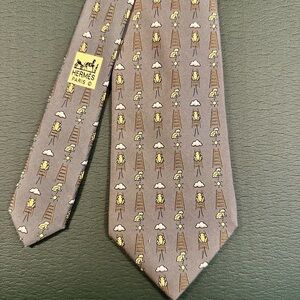 Hermes Gray Silk Tie with Ladder and Cloud Design